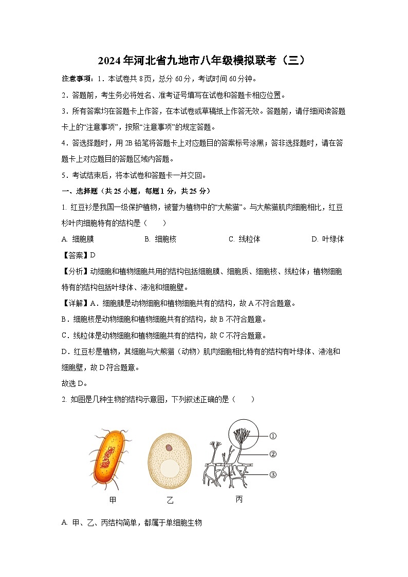 [生物]2024年河北省九地市八年级模拟联考试卷（三）（解析版）第1页