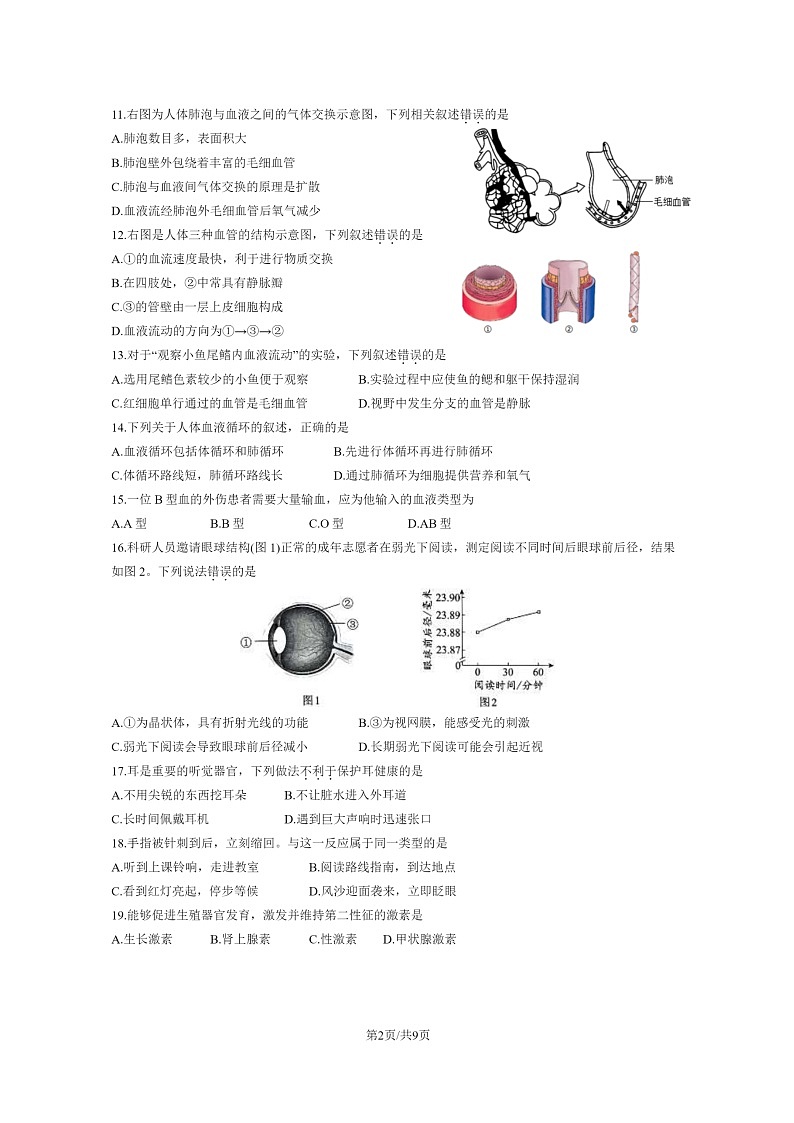 [生物]2024北京西城初一下学期期末试卷及答案第2页