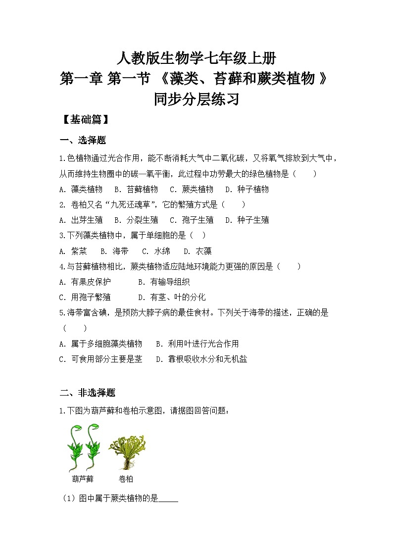 【核心素养目标】人教版初中生物七年级上册2.1.1《藻类、苔藓和蕨类植物》 课件+视频+教学设计+同步分层练习（含答案）01