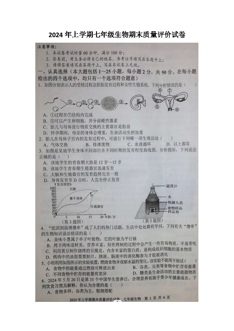 湖南省邵东市2023--2024学年七年级下学期生物期末统考试卷第1页