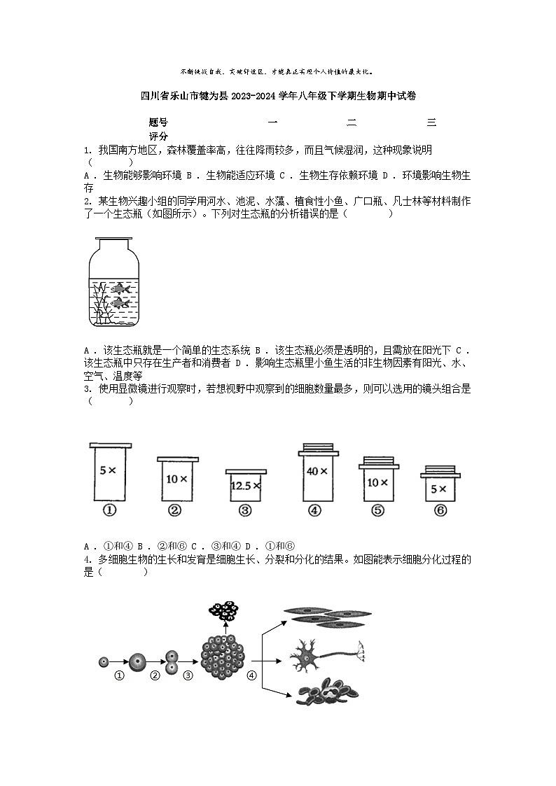 [生物][期中]四川省乐山市犍为县2023-2024学年八年级下学期生物期中试卷01