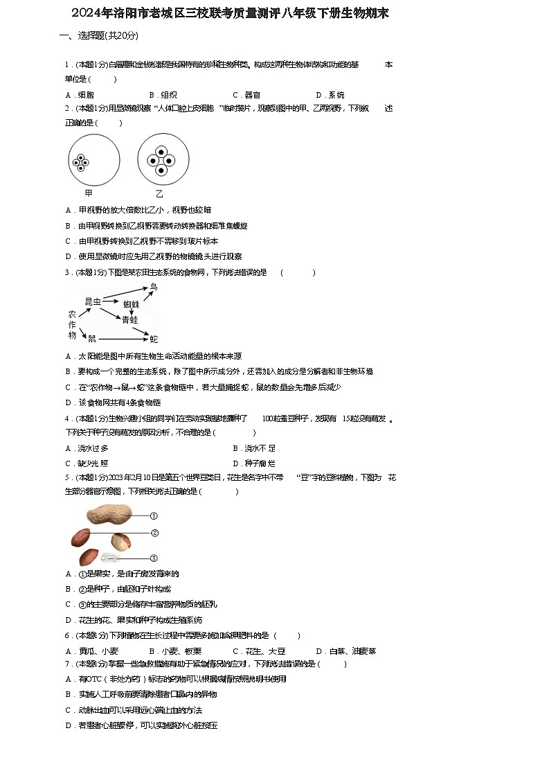 河南省洛阳市老城区三校联考质量测评2023-2024学年八年级下学期7月期末生物试题01