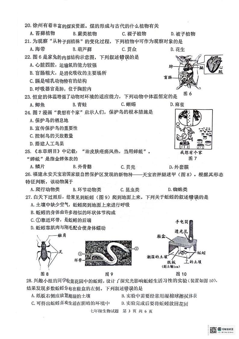 江苏省徐州市2023-2024学年七年级下学期6月期末生物试题第3页