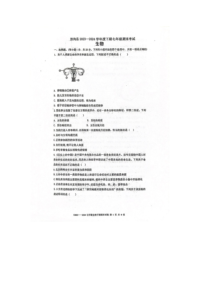河南省周口市扶沟县2023-2024学年七年级下学期7月期末生物试题第1页