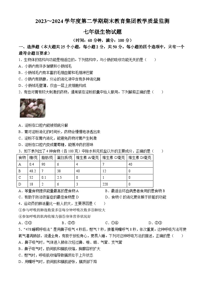 山东省滨州市博兴县2023-2024学年七年级下学期7月期末生物试题第1页