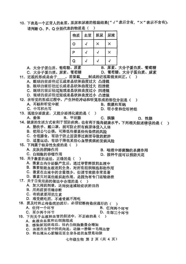 安徽省宿州市萧县2023-2024学年七年级下学期7月期末生物试题第2页