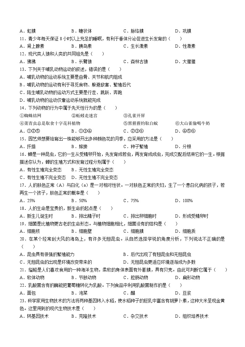 2024年黑龙江省牡丹江市中考生物试题(无答案)02
