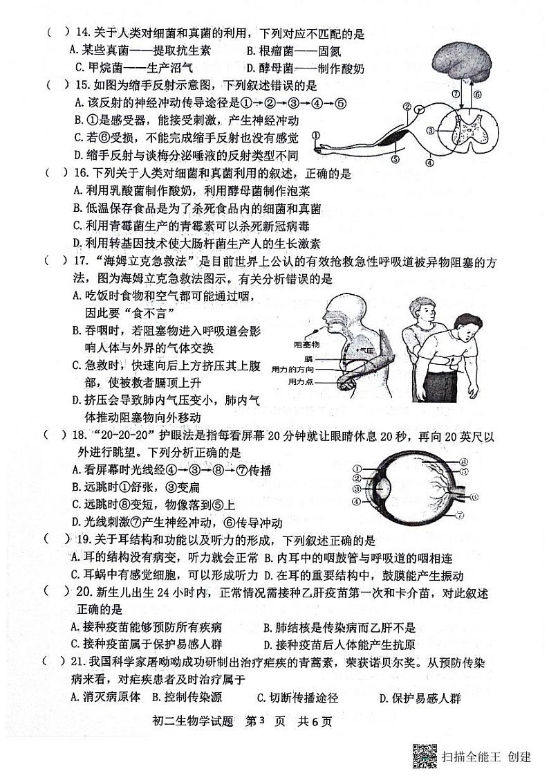 山东省淄博市淄川区2023-2024学年八年级下学期生物期末试题03