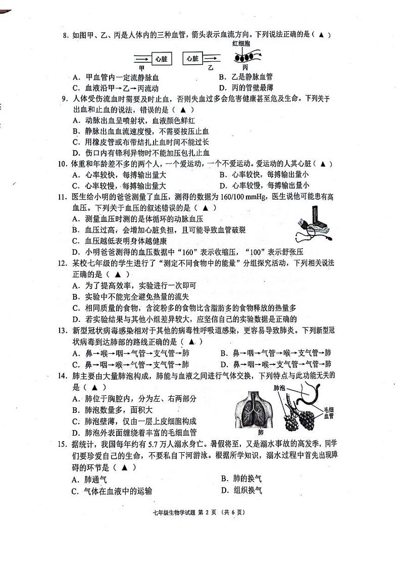 2023-2024学年度金堂县七下生物期末质量检测（含答案）第2页