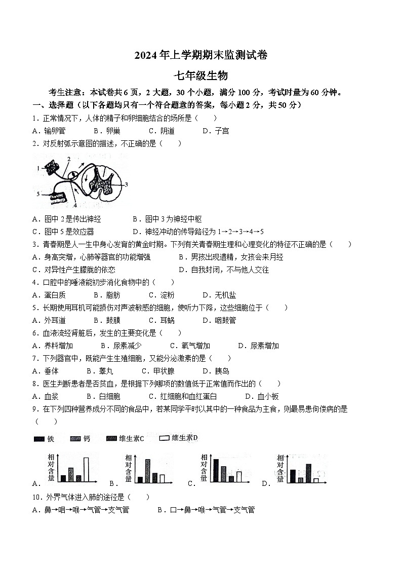 湖南省衡阳市蒸湘区2023-2024学年七年级下学期7月期末生物试题01