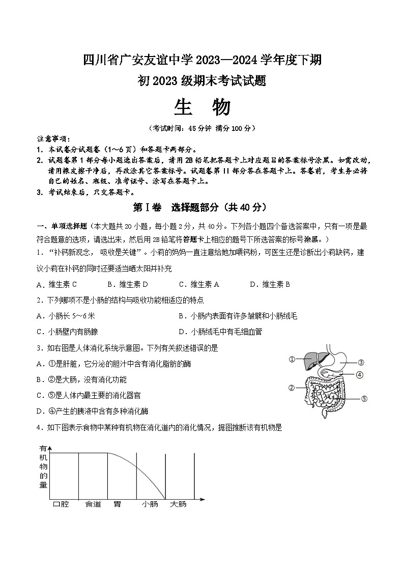 四川省广安友谊中学2023-2024学年七年级下学期期末生物试题01