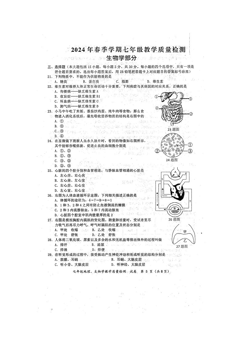 2024年春广西防城港市七年级生物学期末试题（扫描版含答案）01
