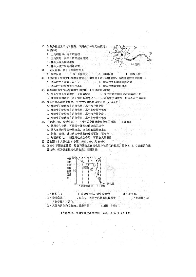 2024年春广西防城港市七年级生物学期末试题（扫描版含答案）02