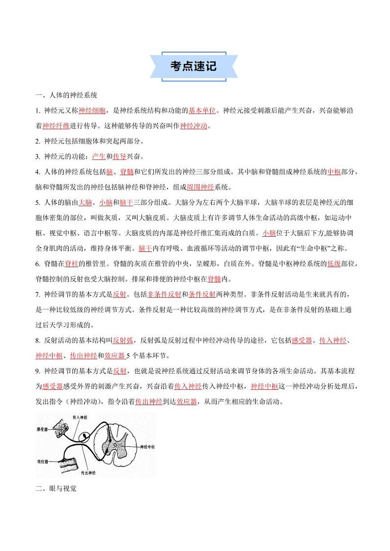 第十六章 人体生命活动的调节【速记清单】（原卷版+解析版）2023-2024学年八年级生物上册单元速记·巧练（苏科版）03