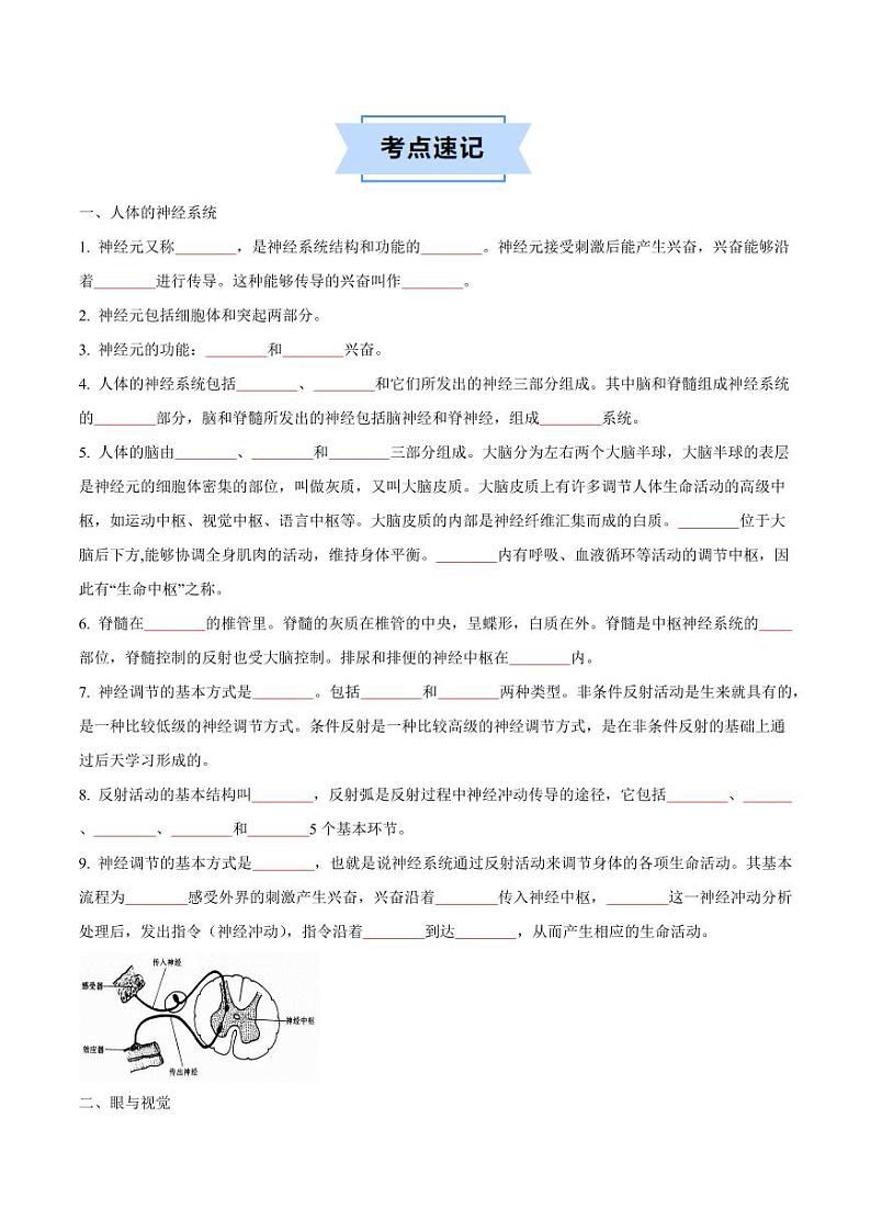 第十六章 人体生命活动的调节【速记清单】（原卷版+解析版）2023-2024学年八年级生物上册单元速记·巧练（苏科版）03