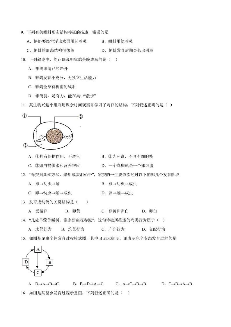 第二十章 动物的生殖和发育【单元测试卷】（原卷版+解析版）2023-2024学年八年级生物上册单元速记·巧练（苏科版）02