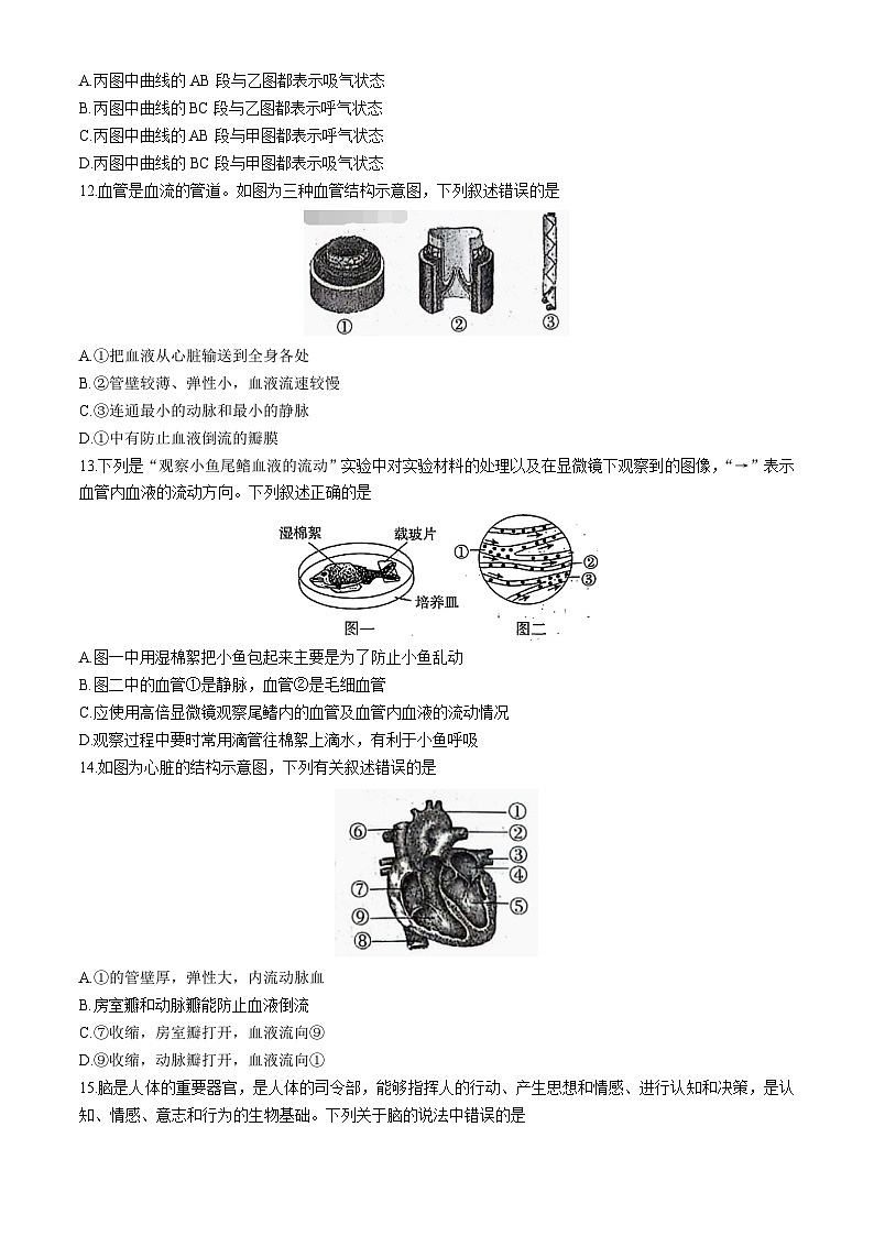 河北省沧州市2023-2024学年七年级下学期期末教学质量评估生物试题(无答案)第3页
