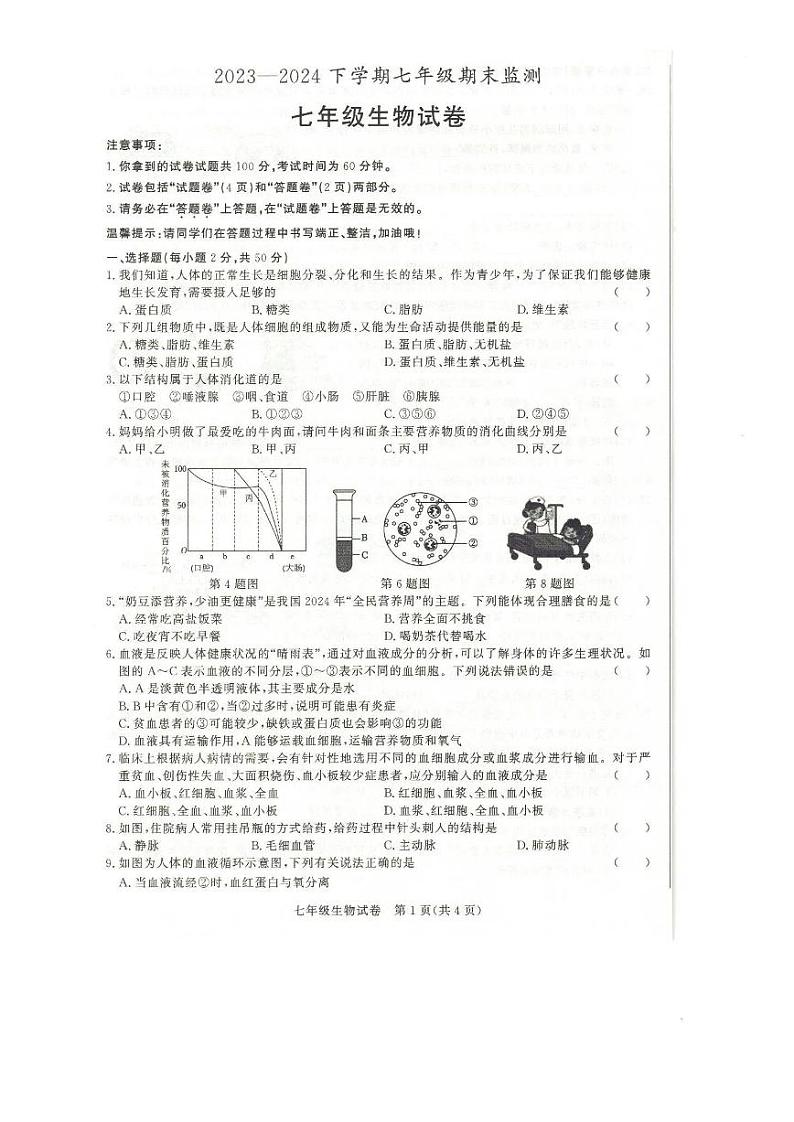 安徽省阜阳市太和县2023-2024学年七年级下学期期末考试生物试题第1页