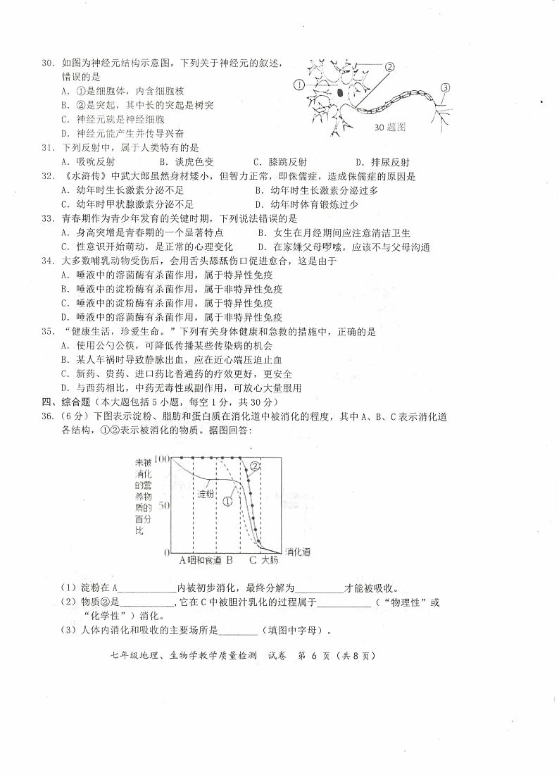 广西防城港市2023-2024学年七年级下学期期末考试生物试卷02
