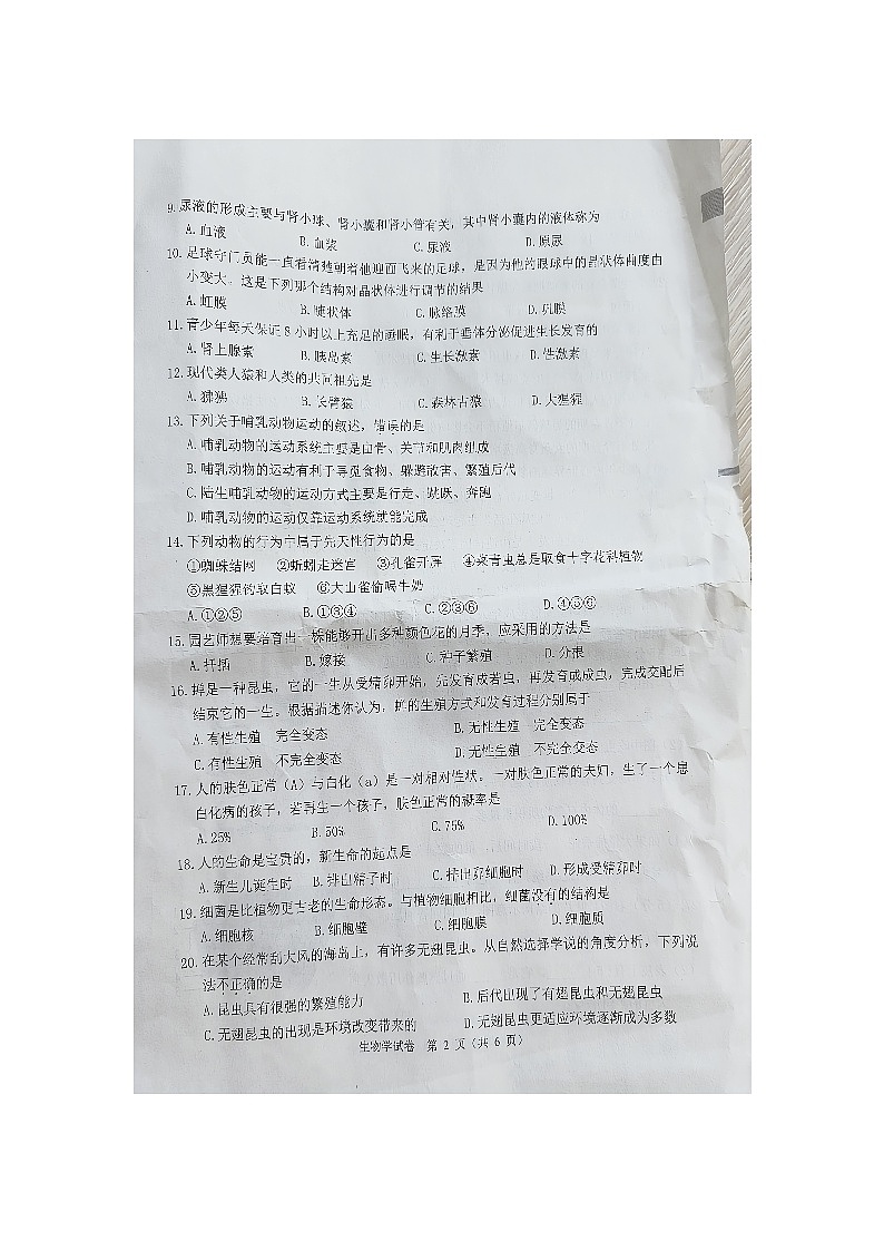2024年黑龙江省牡丹江市中考生物试题第2页