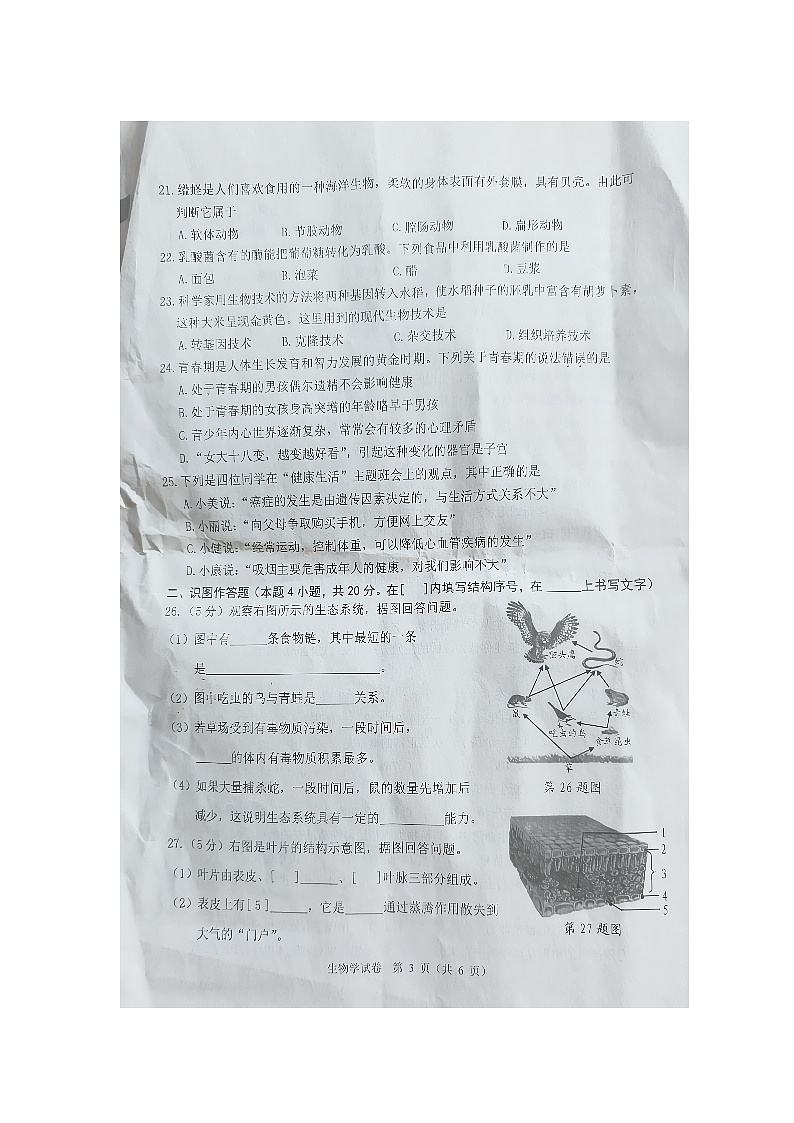 2024年黑龙江省牡丹江市中考生物试题第3页