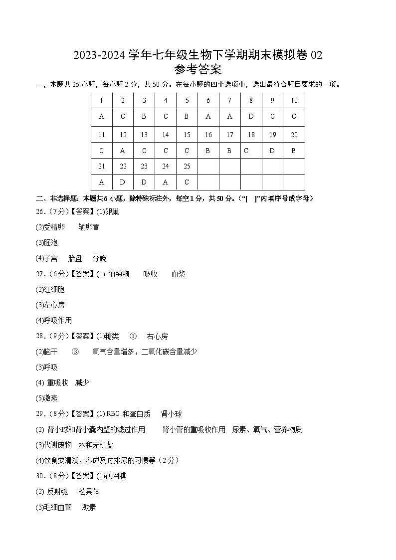 2023-2024学年初中下学期七年级生物期末模拟卷02（参考答案）第1页