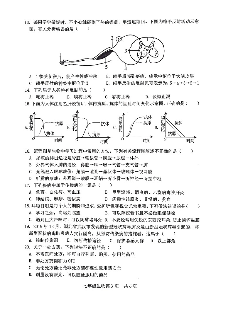 山东省菏泽市巨野县2023-2024学年七年级下学期7月期末生物试题第3页