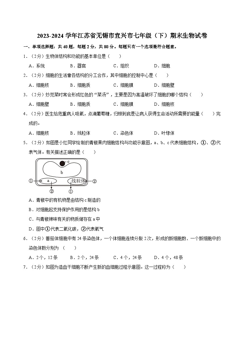 2023-2024学年江苏省无锡市宜兴市七年级（下）期末生物试卷第1页