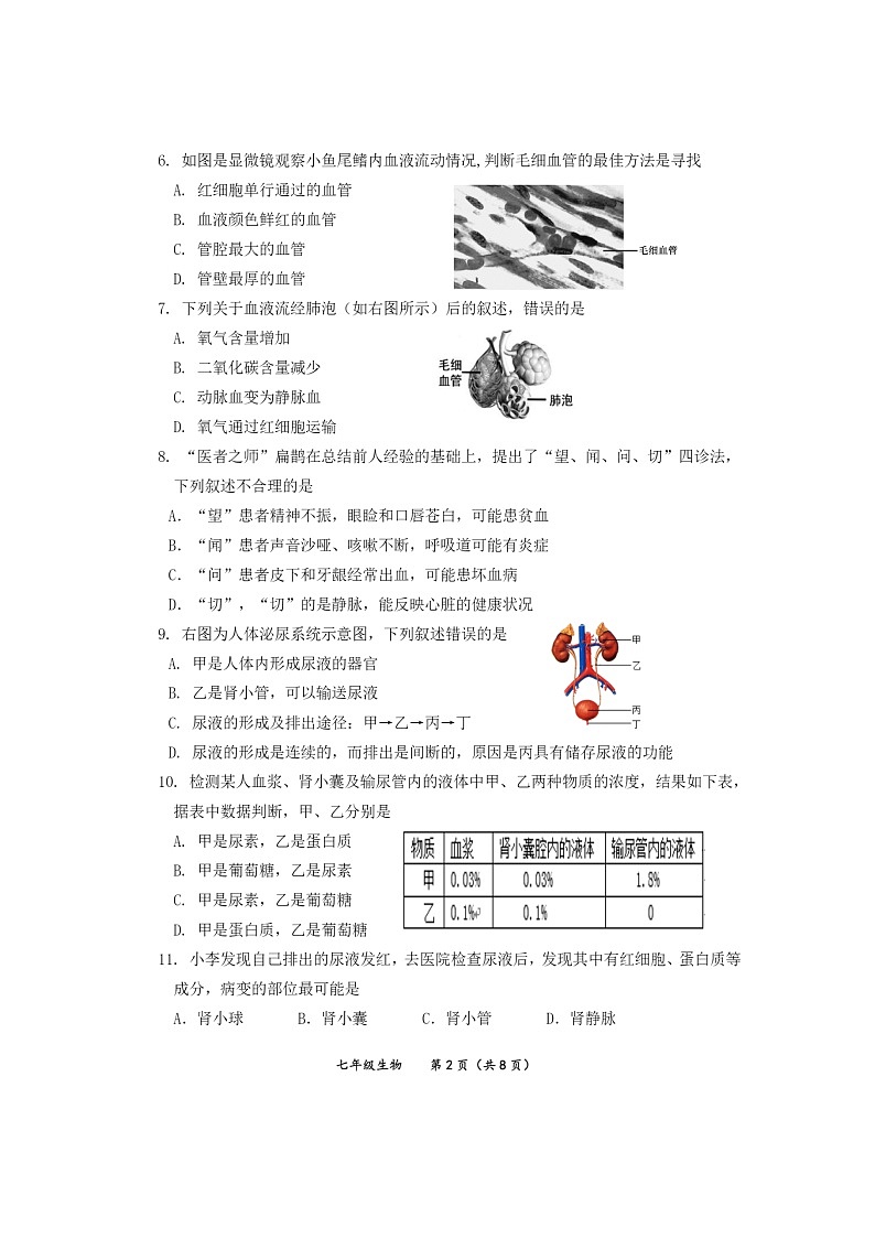 [生物][期末]2024北京延庆初一下学期期末生物试卷及答案第2页