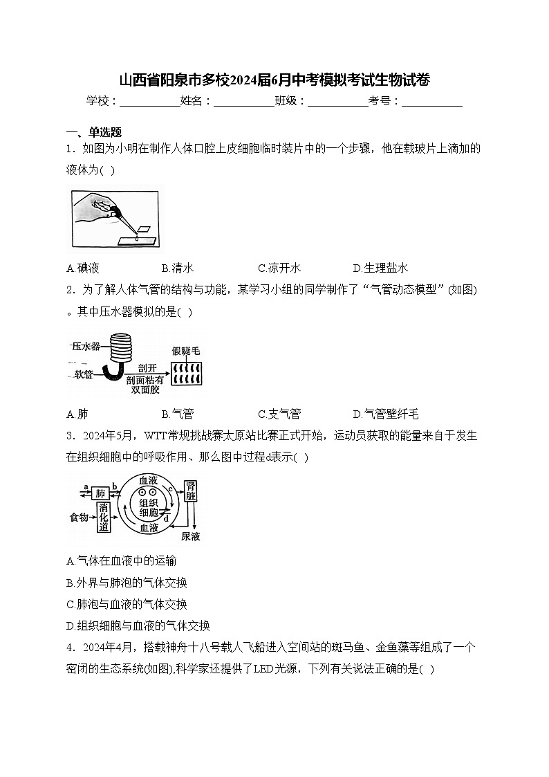 山西省阳泉市多校2024届6月中考模拟考试生物试卷(含答案)第1页