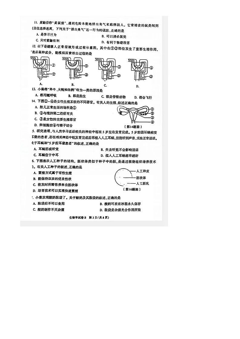 2024年陕西省中考真题 生物试题B卷第3页