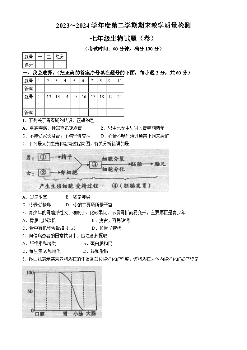 陕西省汉中市2023-2024学年七年级下学期7月期末生物试题第1页