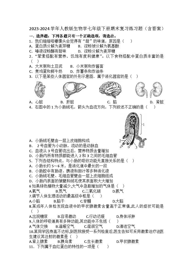 2023-2024学年人教版生物学七年级下册期末复习练习题（含答案）第1页