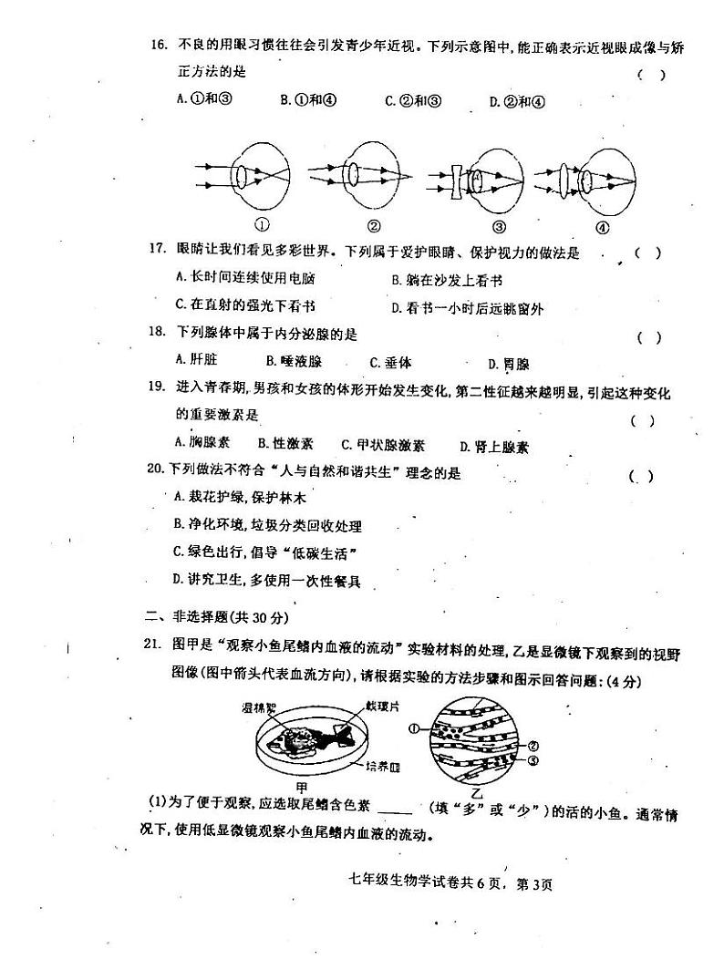 吉林省白城市通榆县2023-2024学年七年级下学期7月期末生物试题第3页