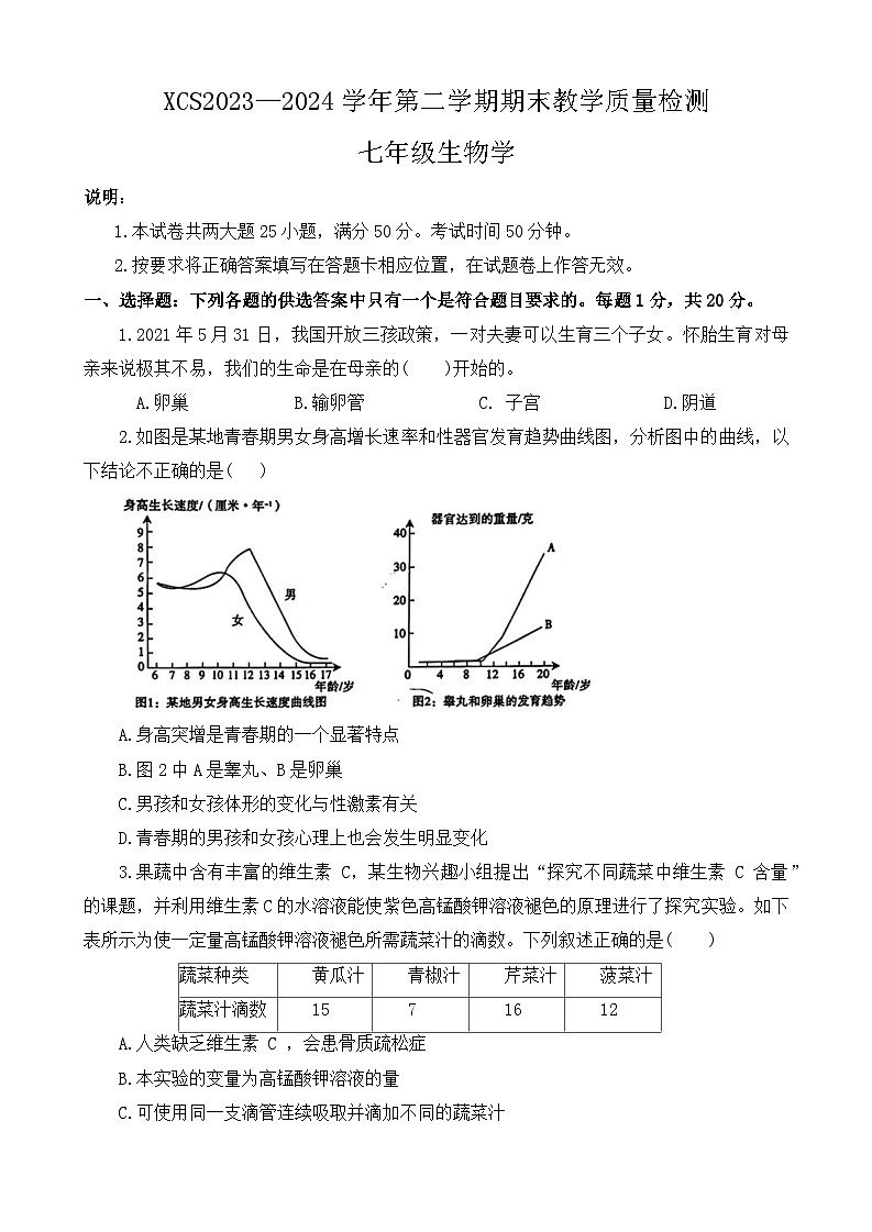 河南省许昌市2023-2024学年七年级下学期7月期末考试生物试题01
