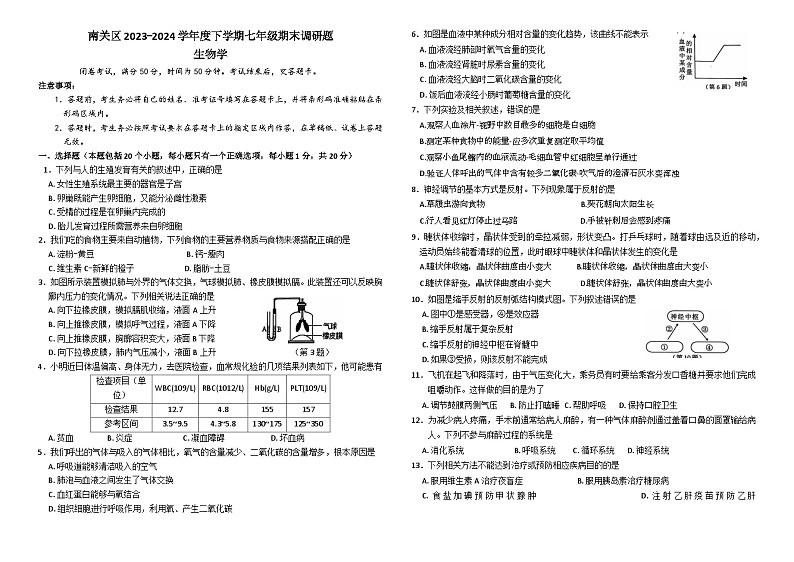 吉林省长春市南关区2023-2024学年七年级下学期7月期末生物试题第1页