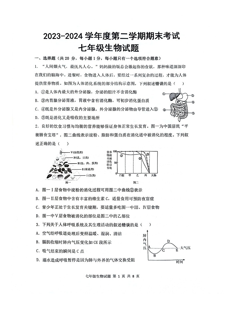 山东省菏泽市单县2023-2024学年七年级下学期7月期末生物试题01