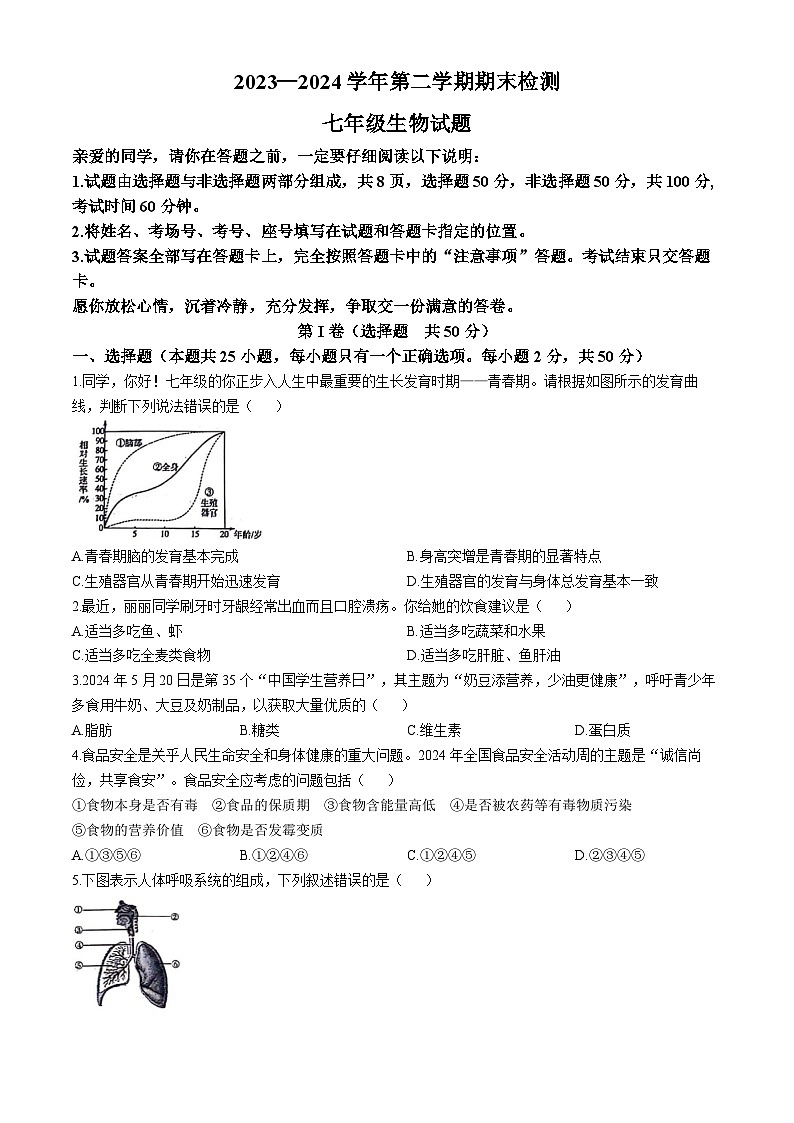 山东省聊城市高唐县2023-2024学年七年级下学期期末考试生物试题(无答案)01