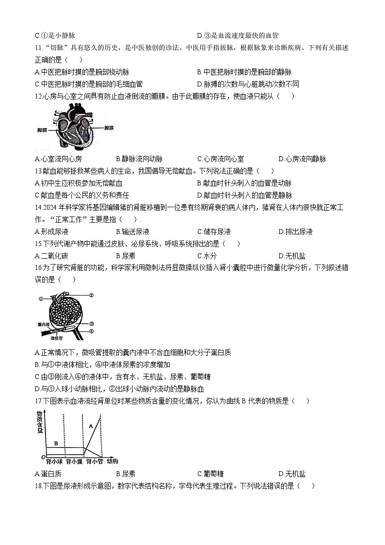 山东省聊城市高唐县2023-2024学年七年级下学期期末考试生物试题(无答案)03