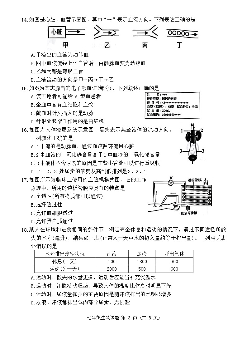 2023-2024学年度保定市满城区第二学期期末学业质量监测七年级生物试卷第3页