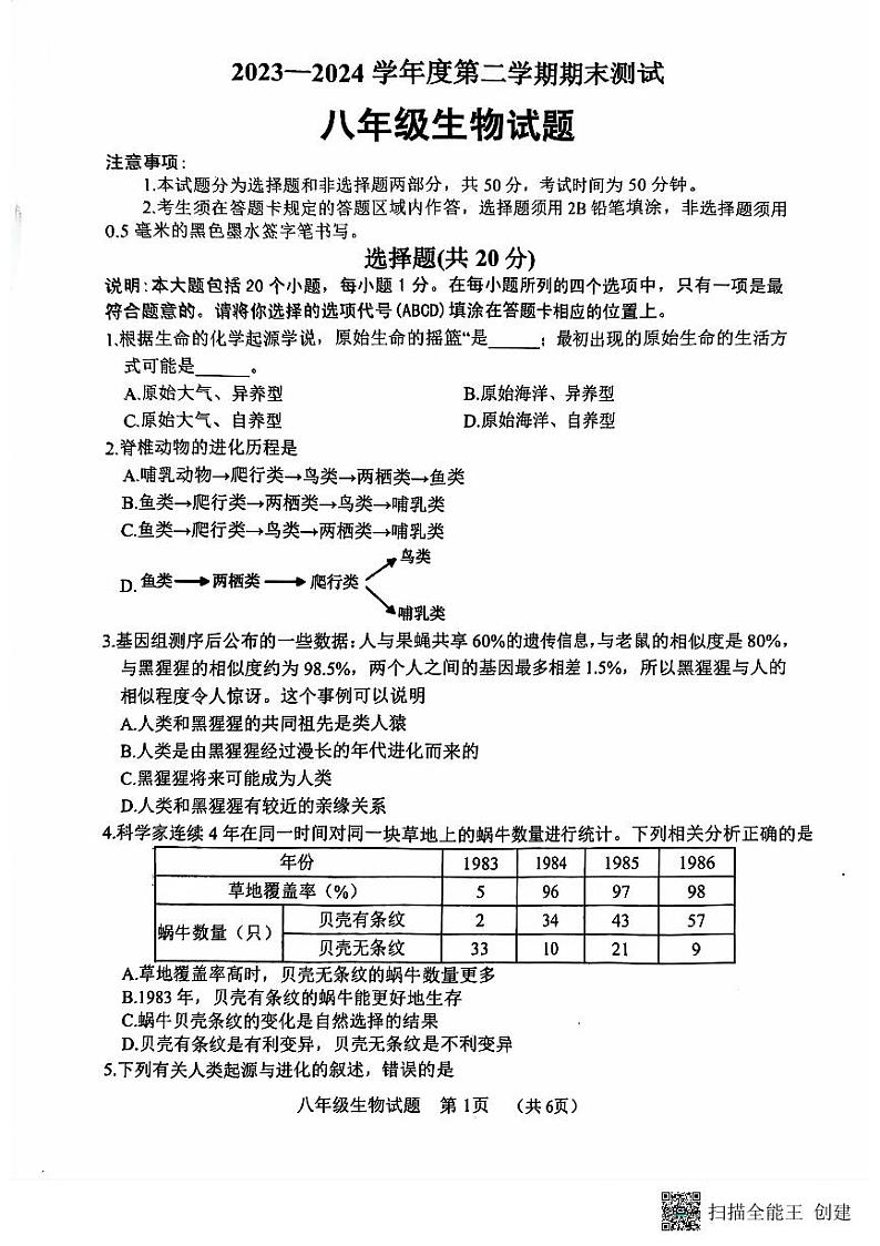 山东省菏泽市东明县2023—2024学年八年级下学期期末测试生物试题第1页