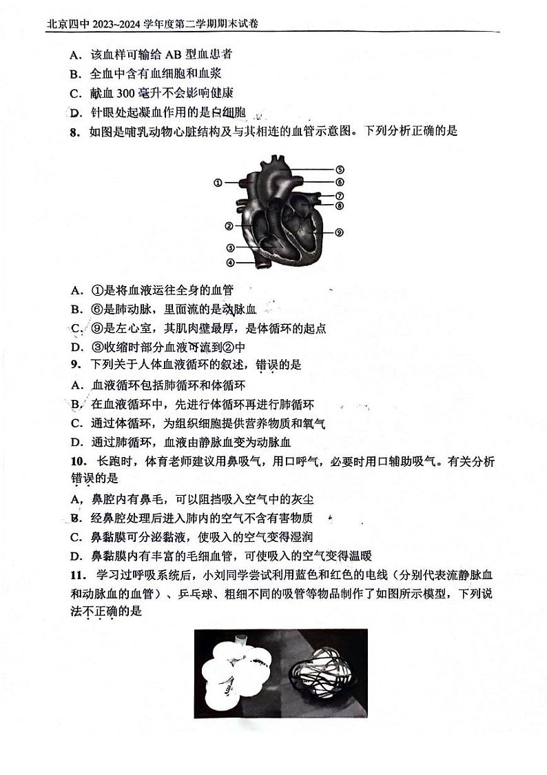 北京市第四中学2023-2024学年七年级下学期期末生物试题03