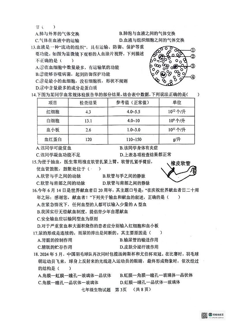 山东省聊城市东昌府区2023-2024学年七年级下学期7月期末生物试题第3页