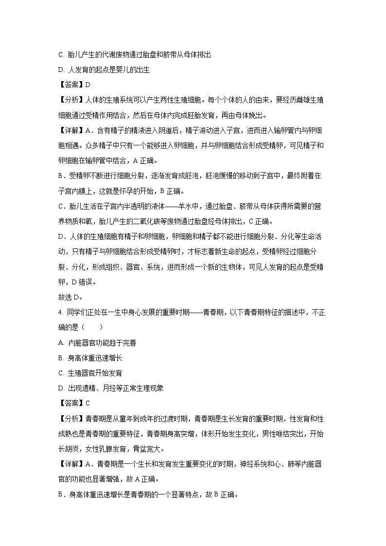 [生物][期中]福建省漳州三中、三中分校2023—2024学年七年级下学期期中试题(解析版)第2页