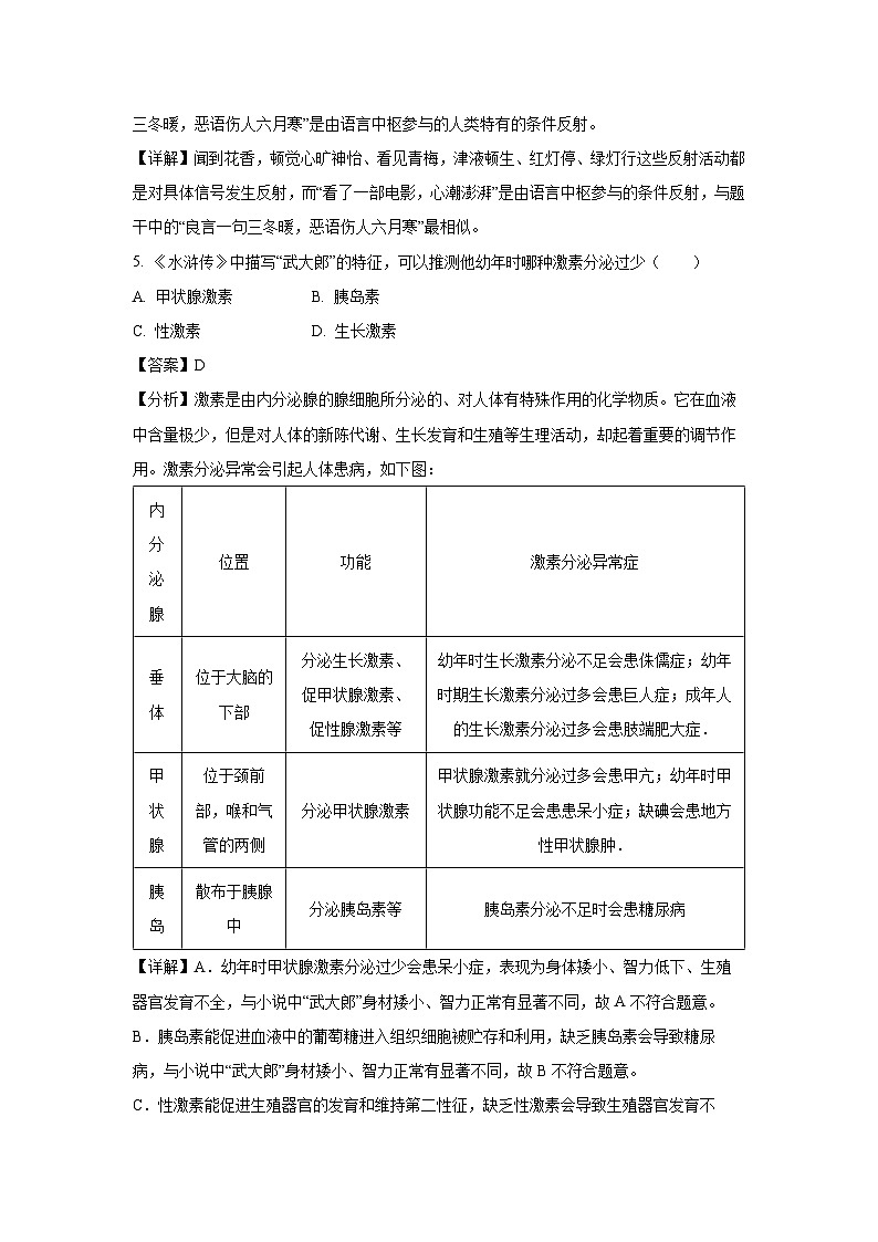 [生物][期中]山东省烟台市福山区2023-2024学年七年级下学期期中试题(解析版)第3页