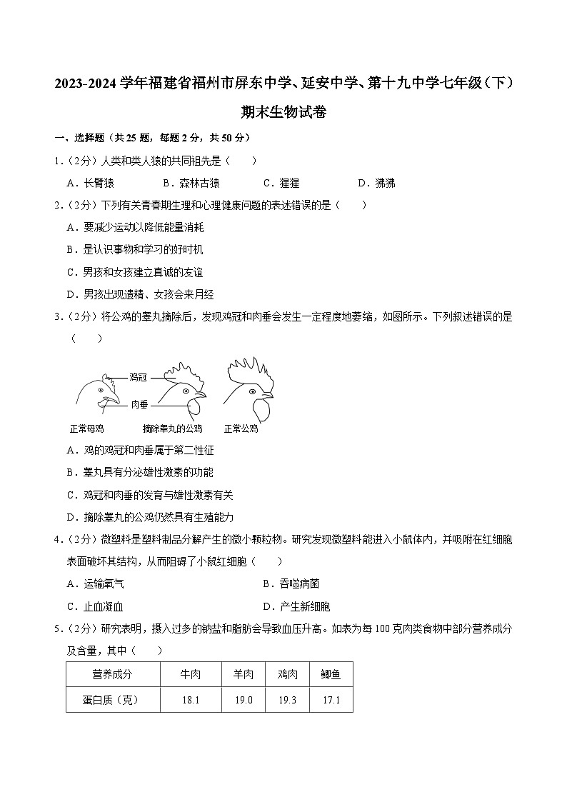 福建省福州市屏东中学、延安中学、第十九中学2023-2024学年七年级下学期期末考试生物试卷第1页