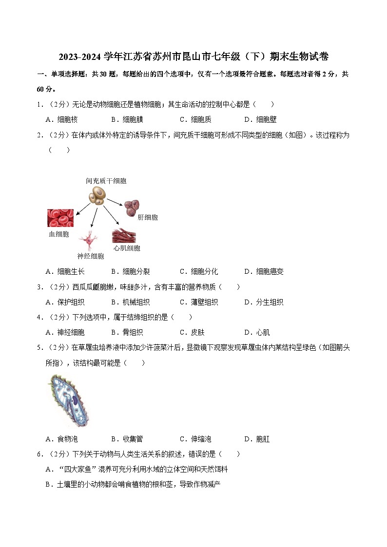 2023-2024学年江苏省苏州市昆山市七年级（下）期末生物试卷第1页