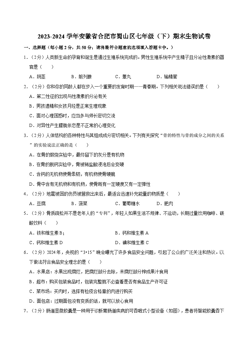 2023-2024学年安徽省合肥市蜀山区七年级（下）期末生物试卷第1页