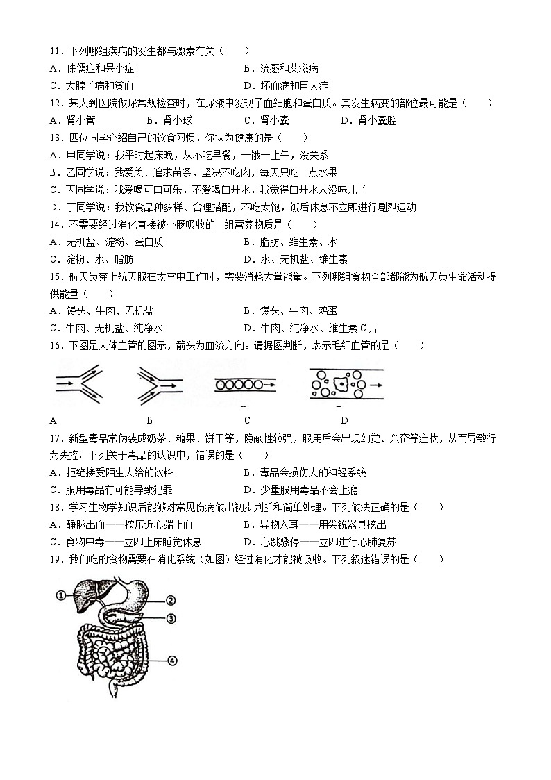 重庆市渝北区2023-2024学年七年级下学期期末考试生物试题(无答案)02