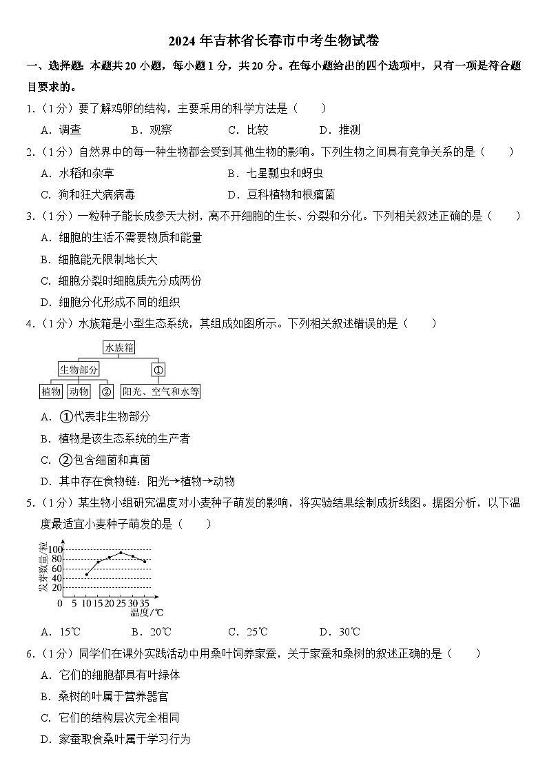 2024年吉林省长春市中考生物试卷附答案第1页